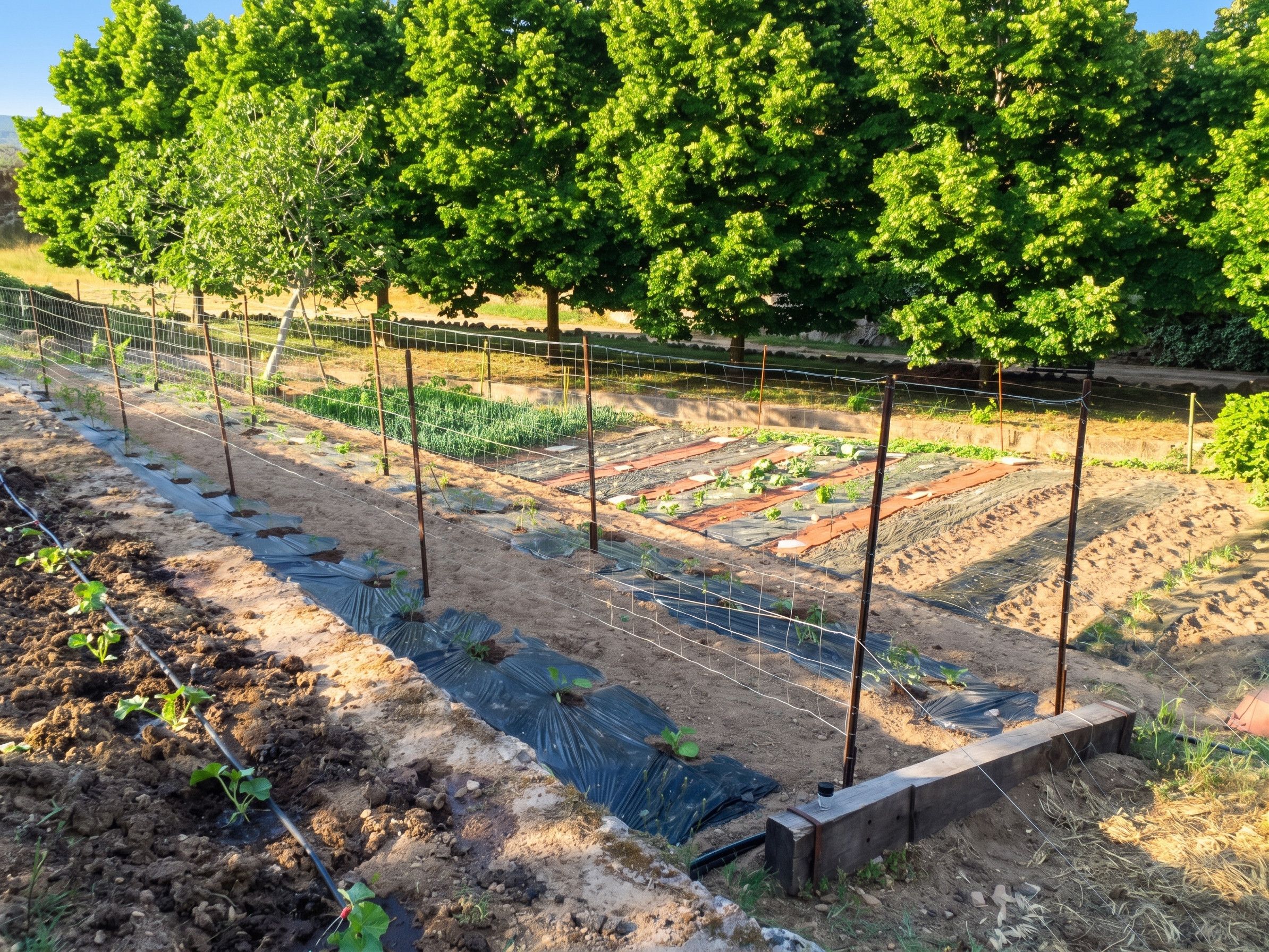 Un jardin avec des plates-bandes surélevées et une clôture en fil de fer, entouré d’arbres.