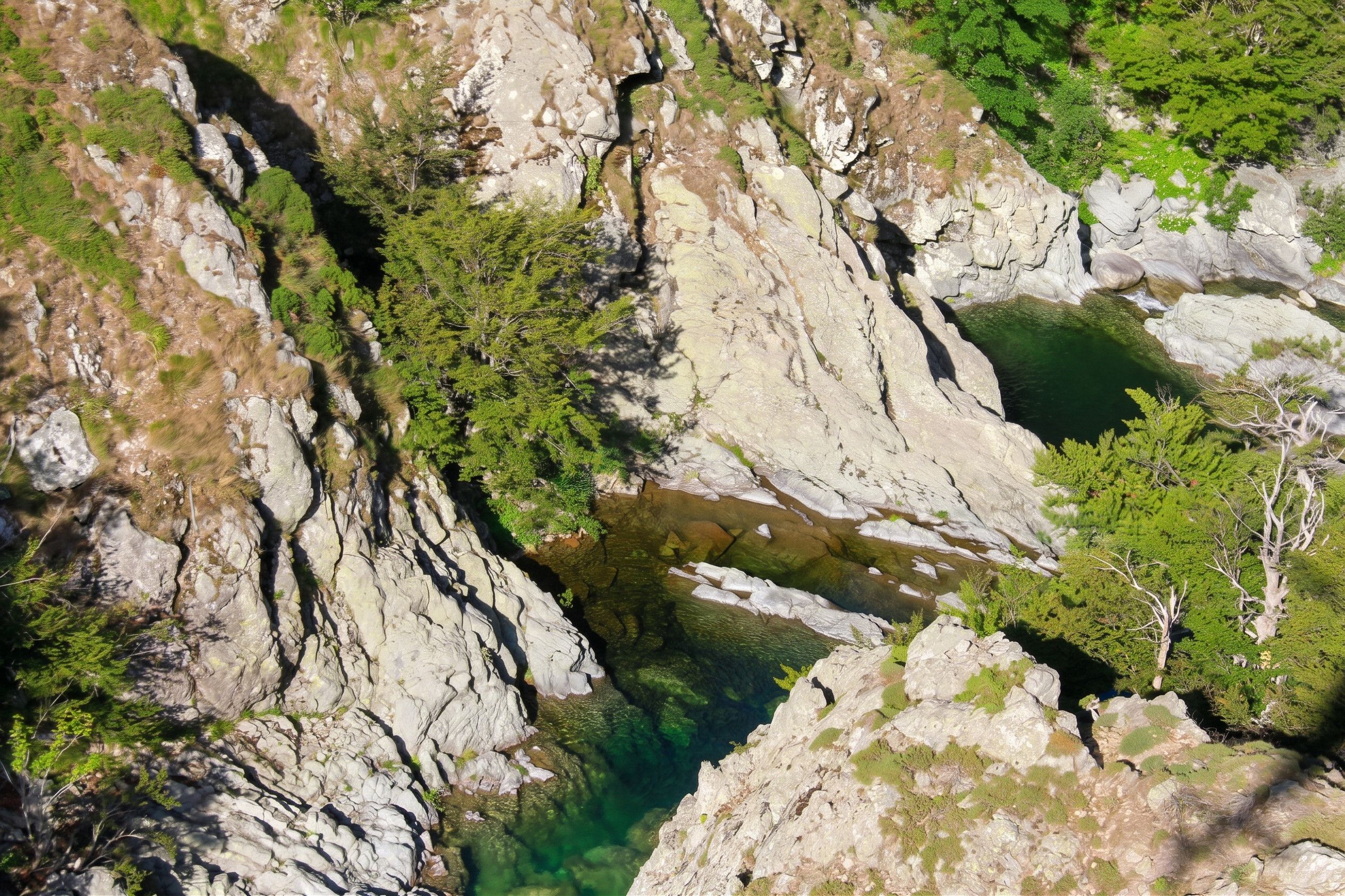 Un profondo burrone roccioso con un ruscello di acqua limpida.