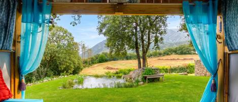 A room with a view of a grassy area, a pond, and trees.