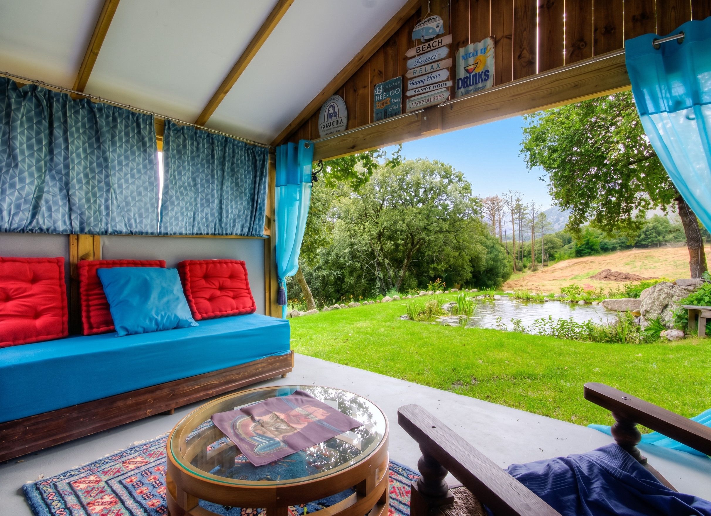 A cozy outdoor seating area with a blue sofa, a glass table, and a view of a garden with a pond.