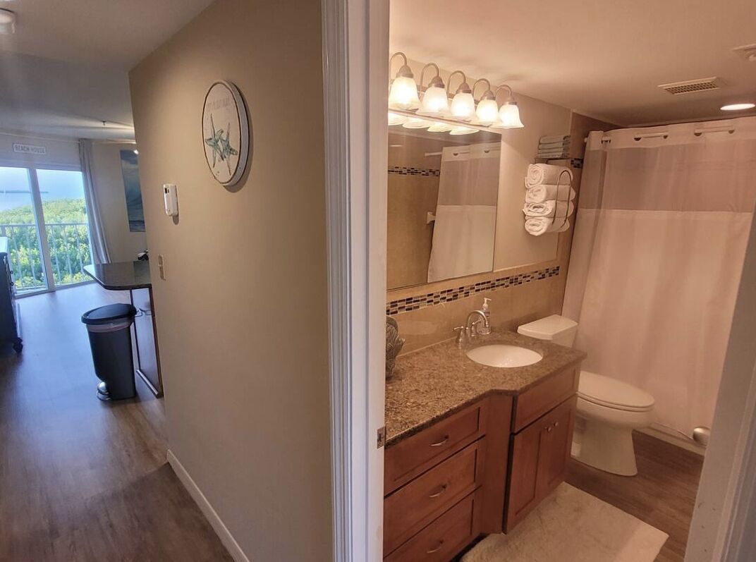 A bathroom with a sink, mirror, and shower curtain.