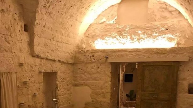 Un dormitorio con una cama grande, una bañera y una pared de piedra.