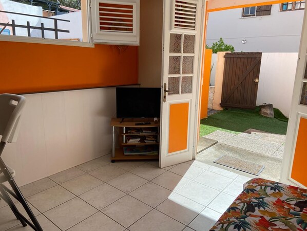 A compact room with a TV on a stand, a chair, and a door leading to a small outdoor area with a wooden gate and grass.