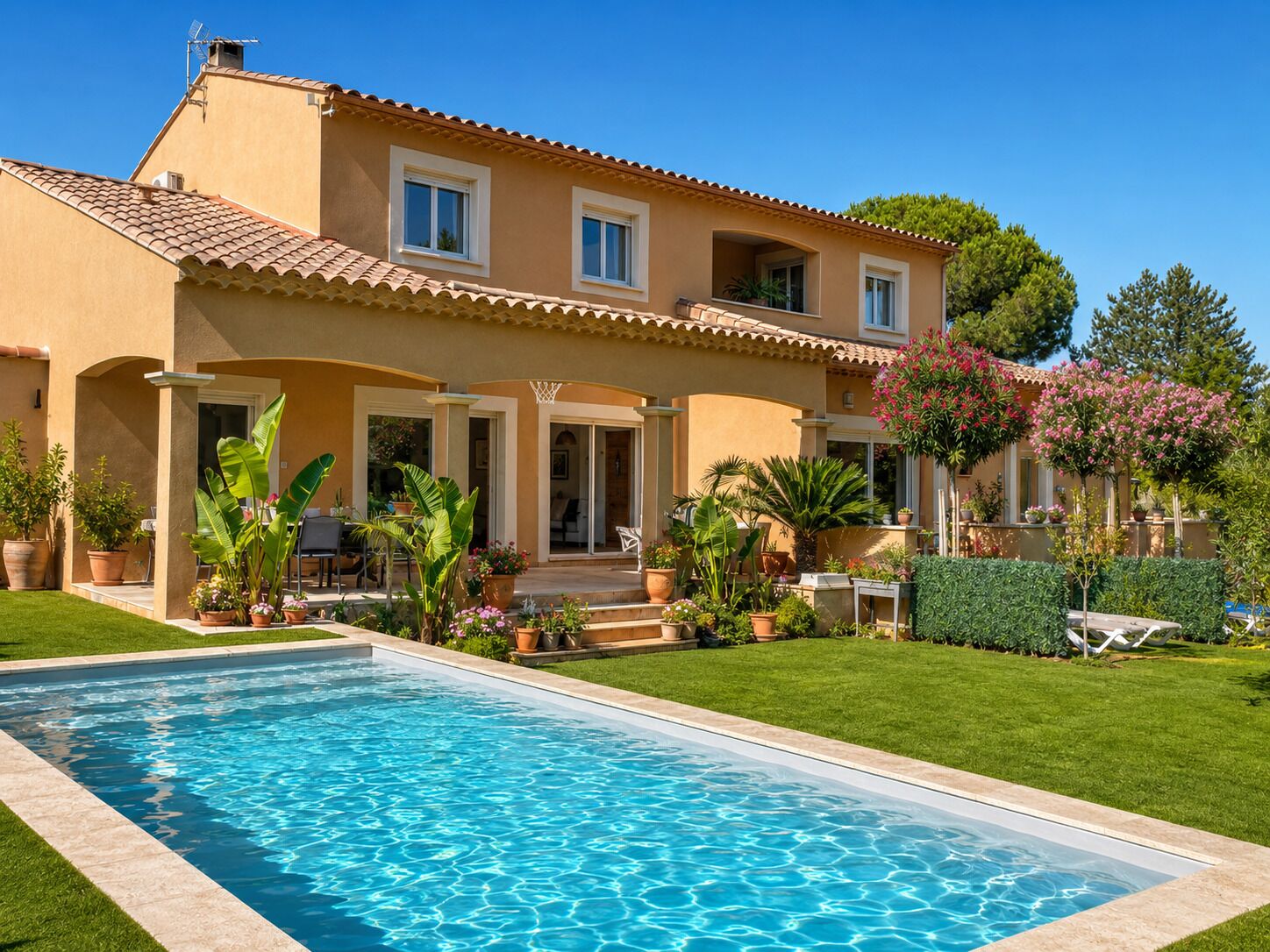 A two-story house with a swimming pool, potted plants, and a well-maintained lawn.
