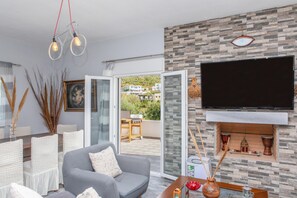 TV connectée, cheminée, lecteur de DVD, chaîne hi-fi