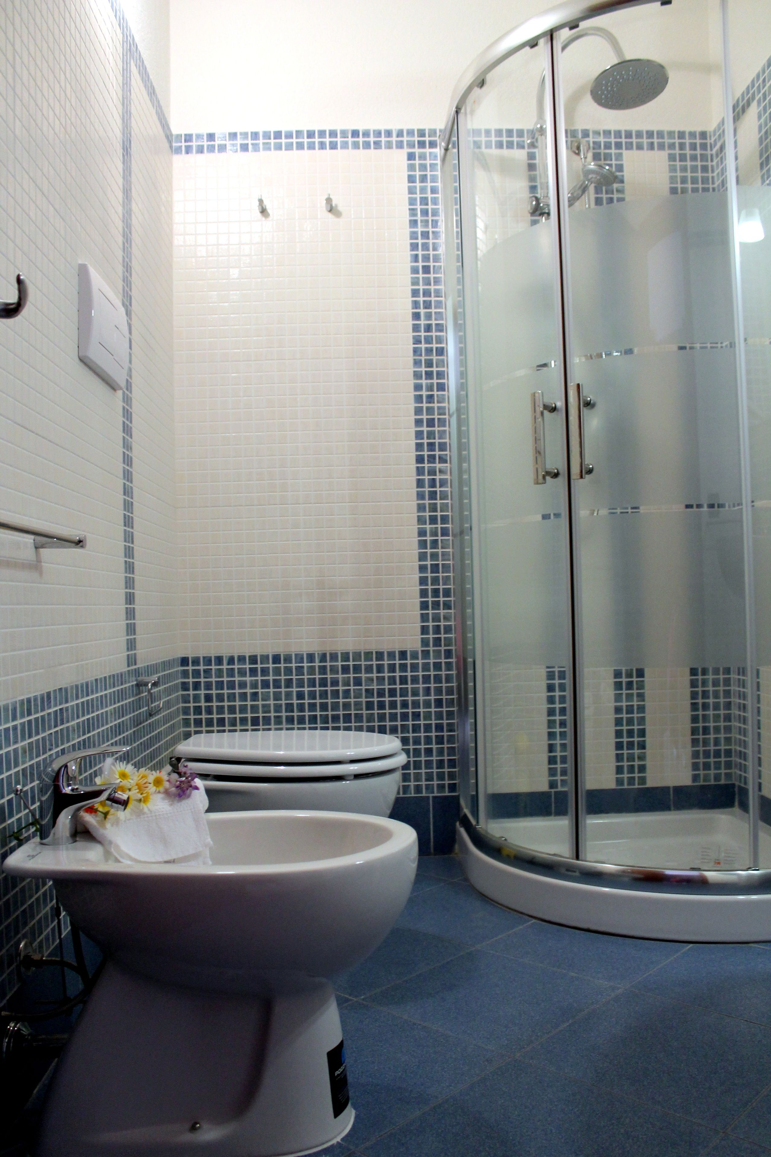 Shower, rainfall showerhead, free toiletries, hair dryer