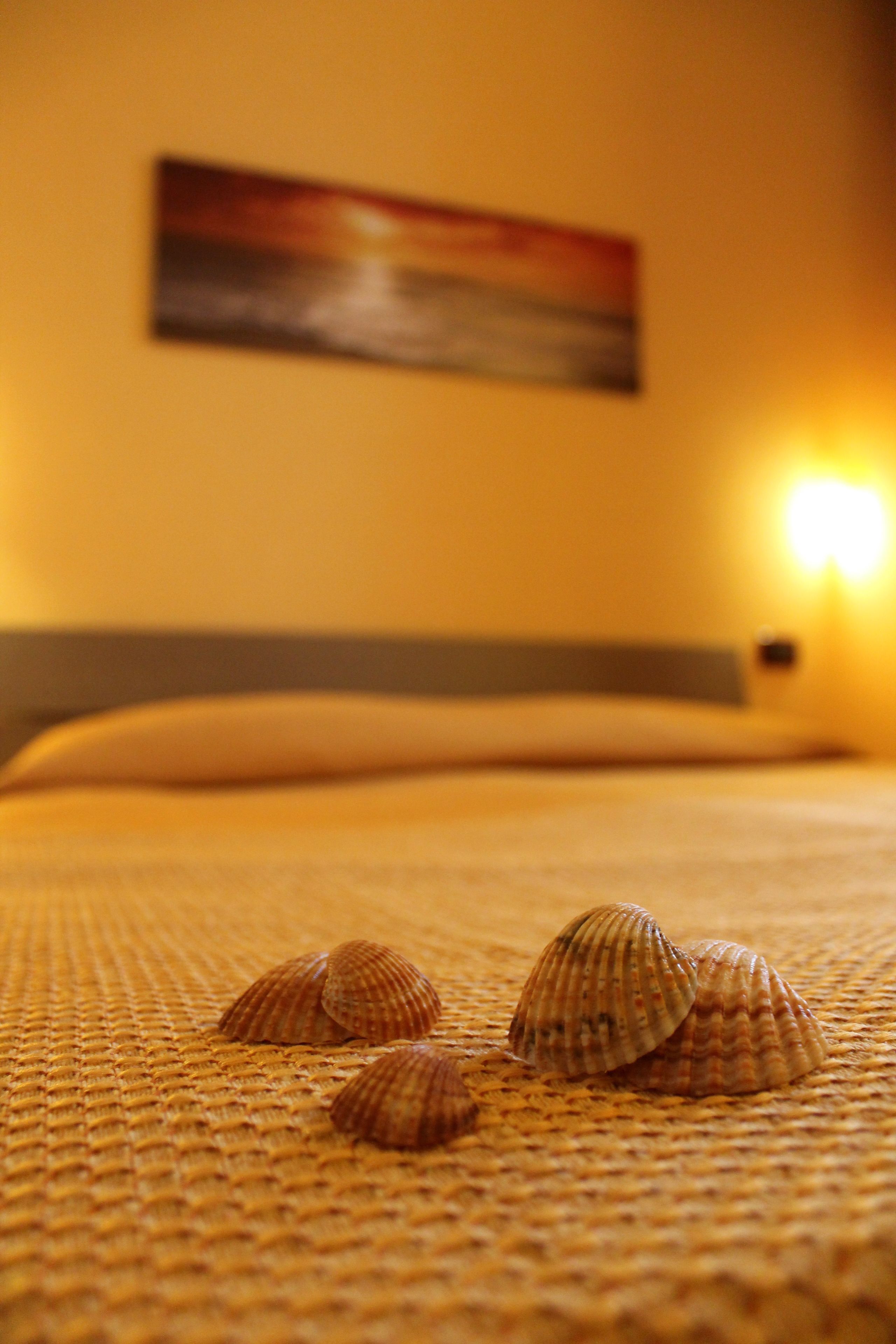 Ein Bett mit einer gemusterten Bettdecke und drei Muscheln darauf.