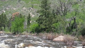A wooden deck overlooking a river with a rocky mountain in the background. - Iconic Red House at red house hole! (Bellvue)