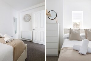 3 bedrooms, memory-foam beds, iron/ironing board, travel cot