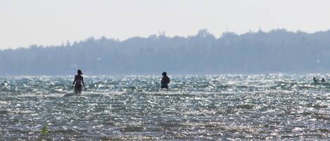 Una playa con gente en el agua y un bosque al fondo.