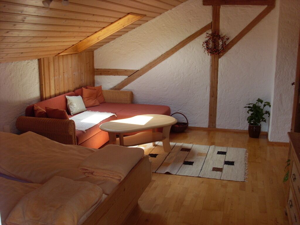 A cozy room with a wooden ceiling, a sofa, a table, and a potted plant.