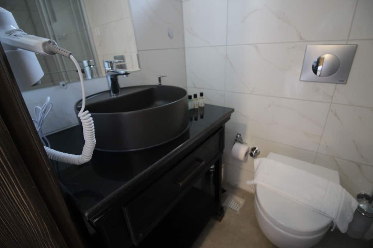 standard twin room, garden view | bathroom | shower, hydromassage showerhead, free toiletries, hair dryer
