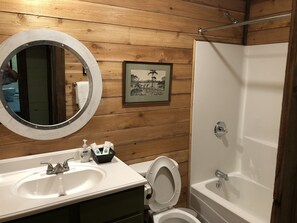 Combined shower/tub, hair dryer, towels, soap