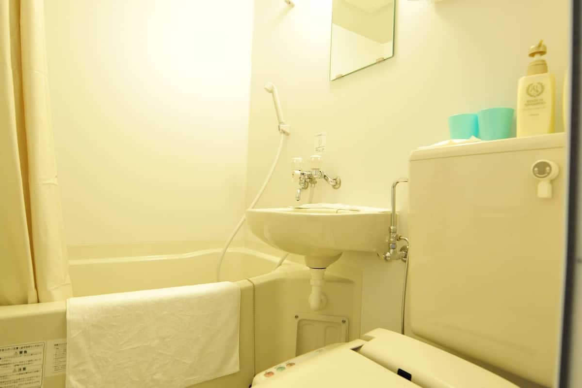 combined shower/bathtub, deep-soaking bathtub, free toiletries