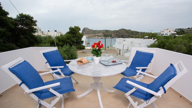 A terrace with four blue lounge chairs, a round table, and a potted plant with red flowers.