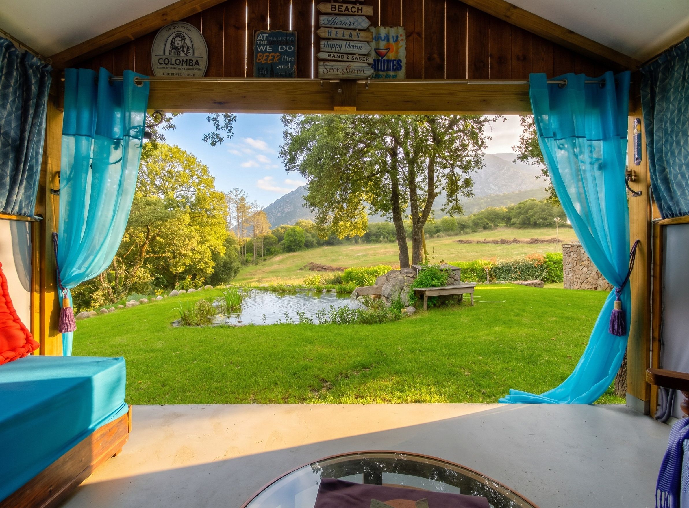 A room with a view of a grassy landscape, a pond, and trees.
