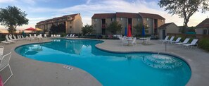 Outdoor pool, a heated pool, pool loungers