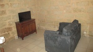 Um quarto com parede de pedra, armário de madeira e sofá escuro.