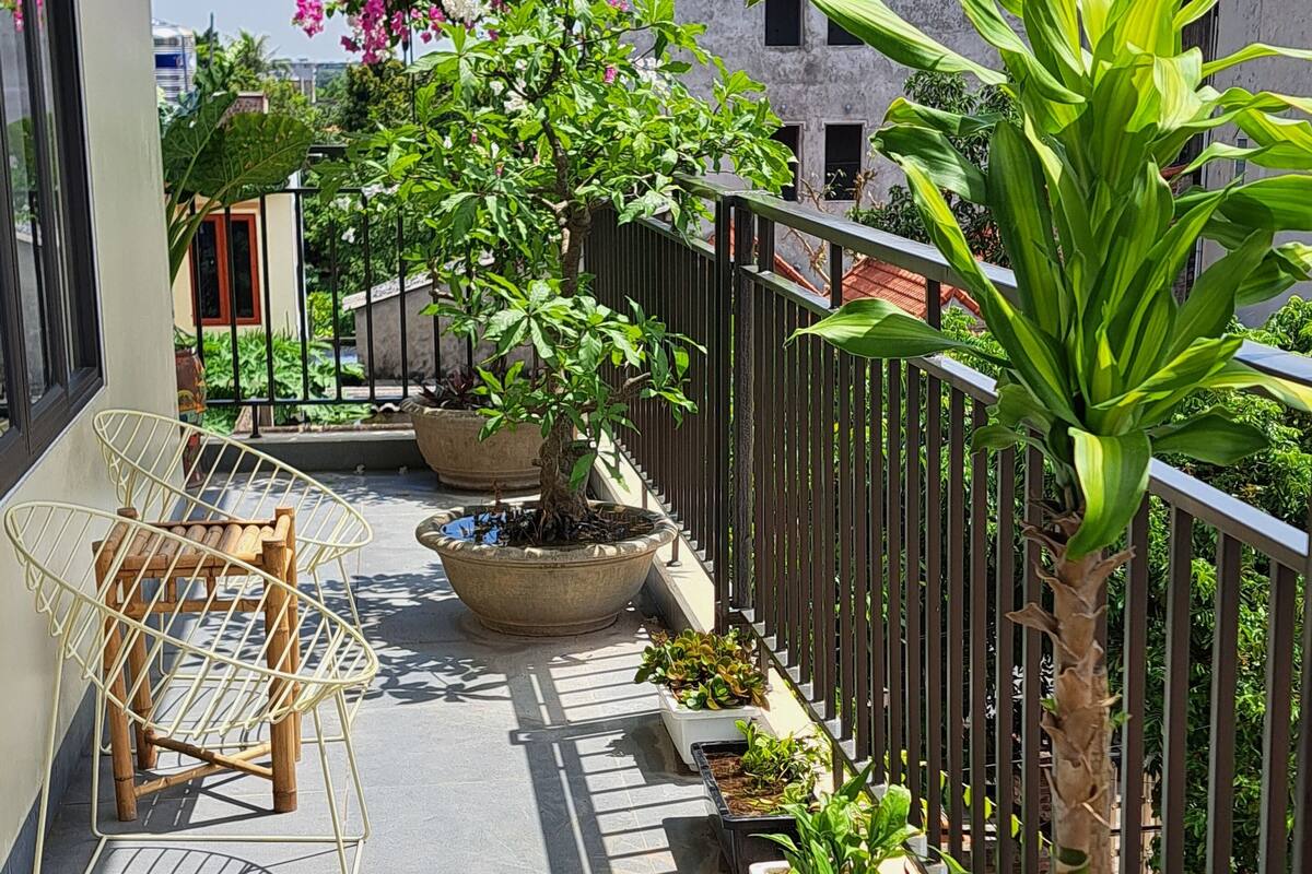 A balcony with potted plants, a wicker chair, and a view of the cityscape.