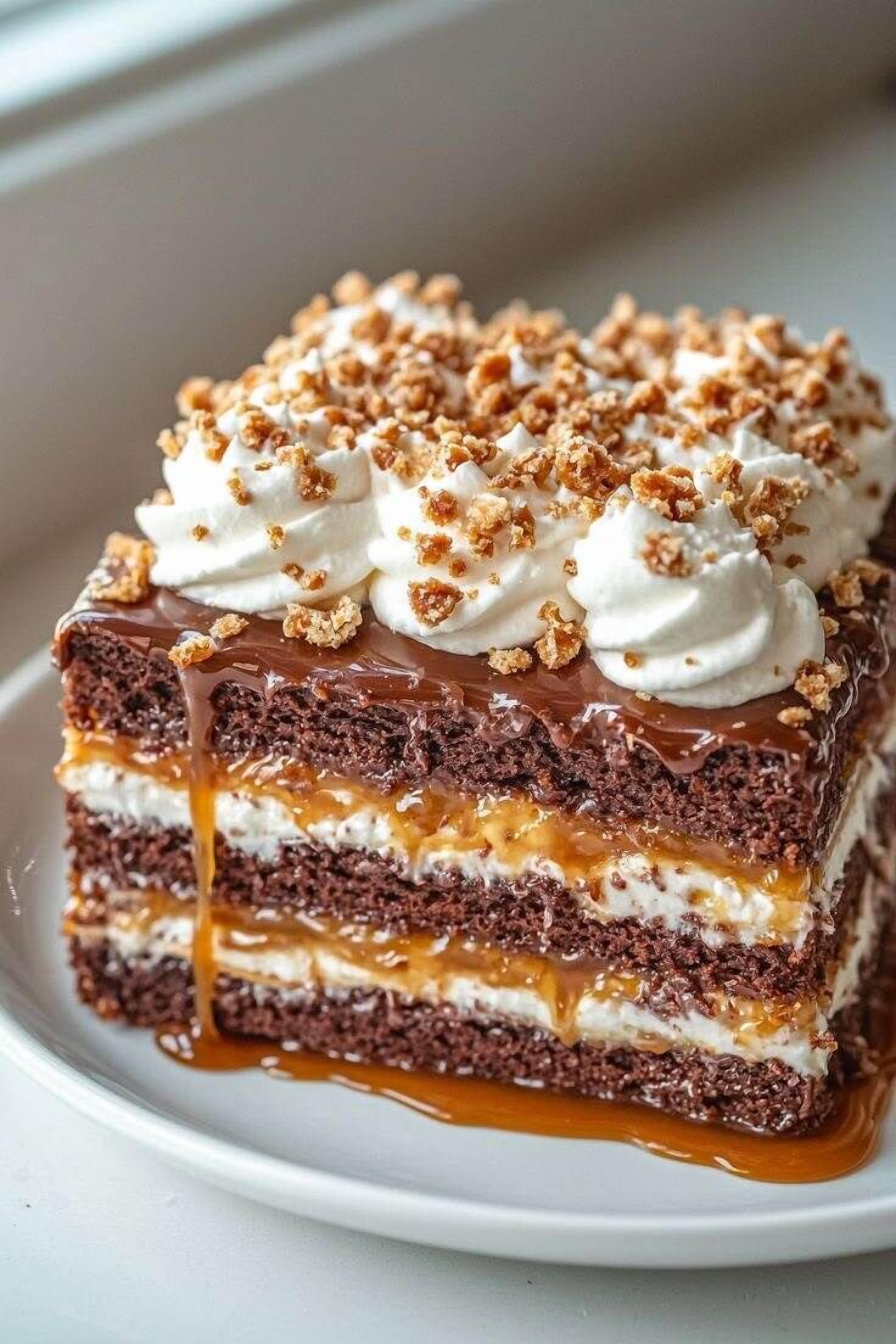 A layered dessert cake with whipped cream and caramel.
