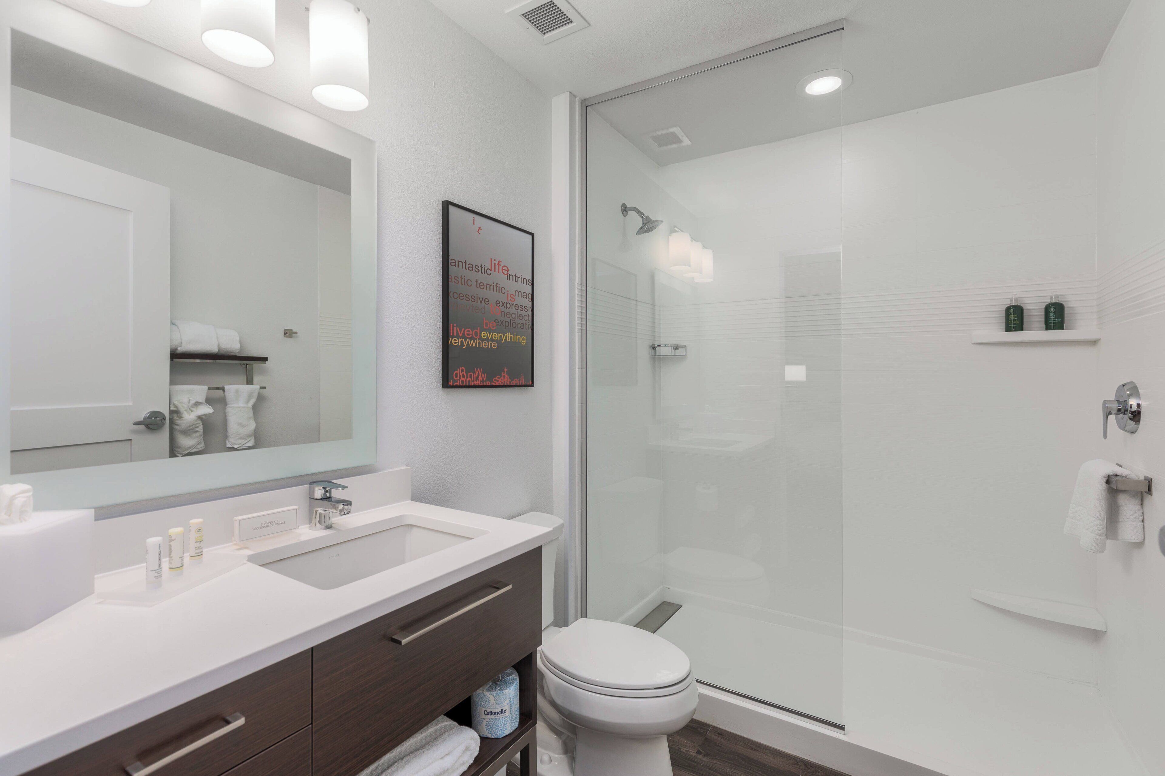 hair dryer, towels, soap, shampoo