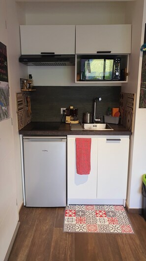 Réfrigérateur, micro-ondes, plaque de cuisson, cafetière/bouilloire