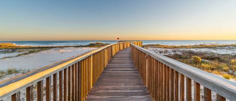 On the beach, sun-loungers, beach towels