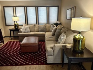 Smart TV, fireplace, video games, DVD player