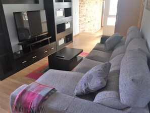 Televisie, een open haard en boeken