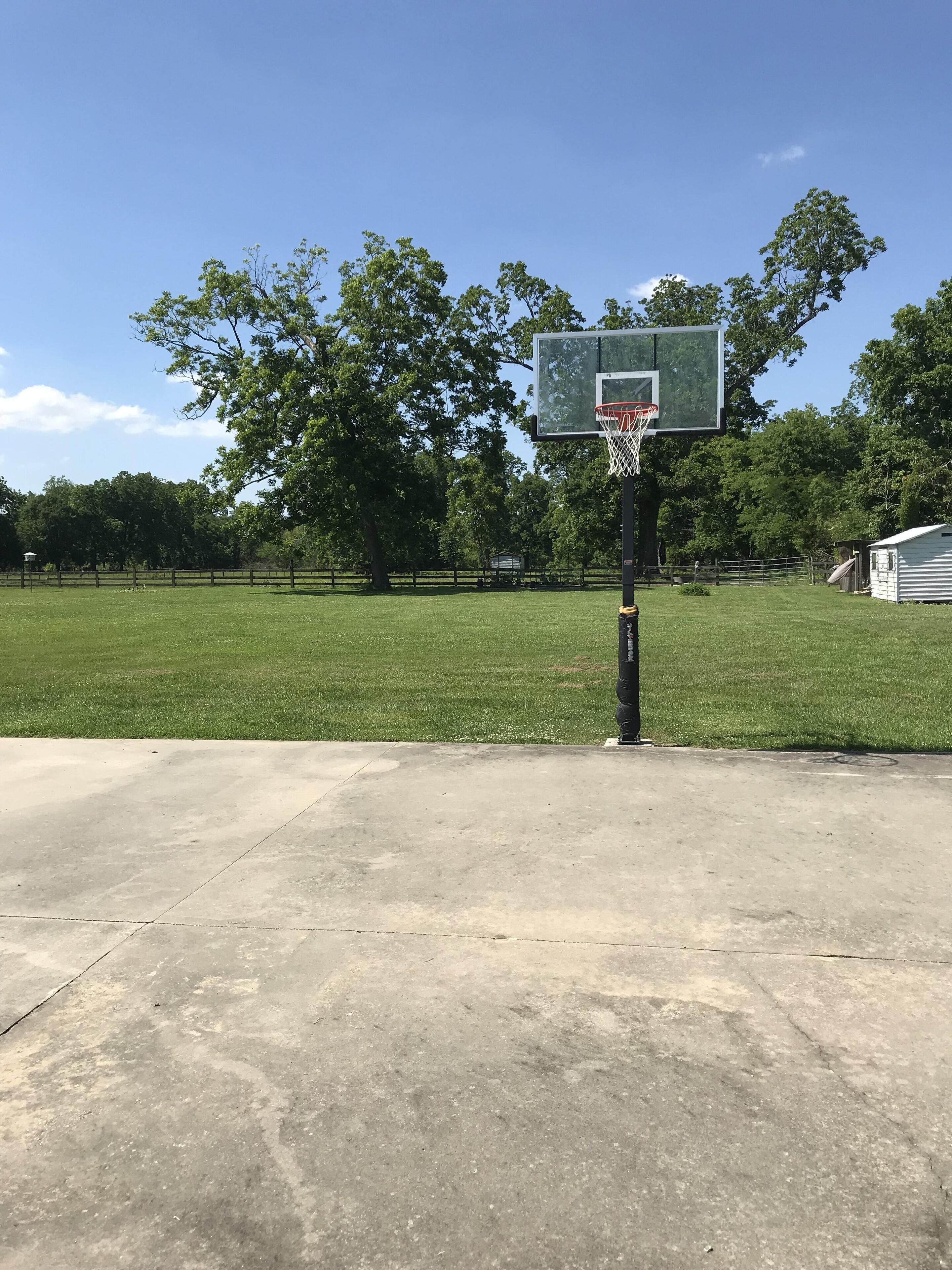 A basketball court with a hoop, surrounded by a grassy field and trees.