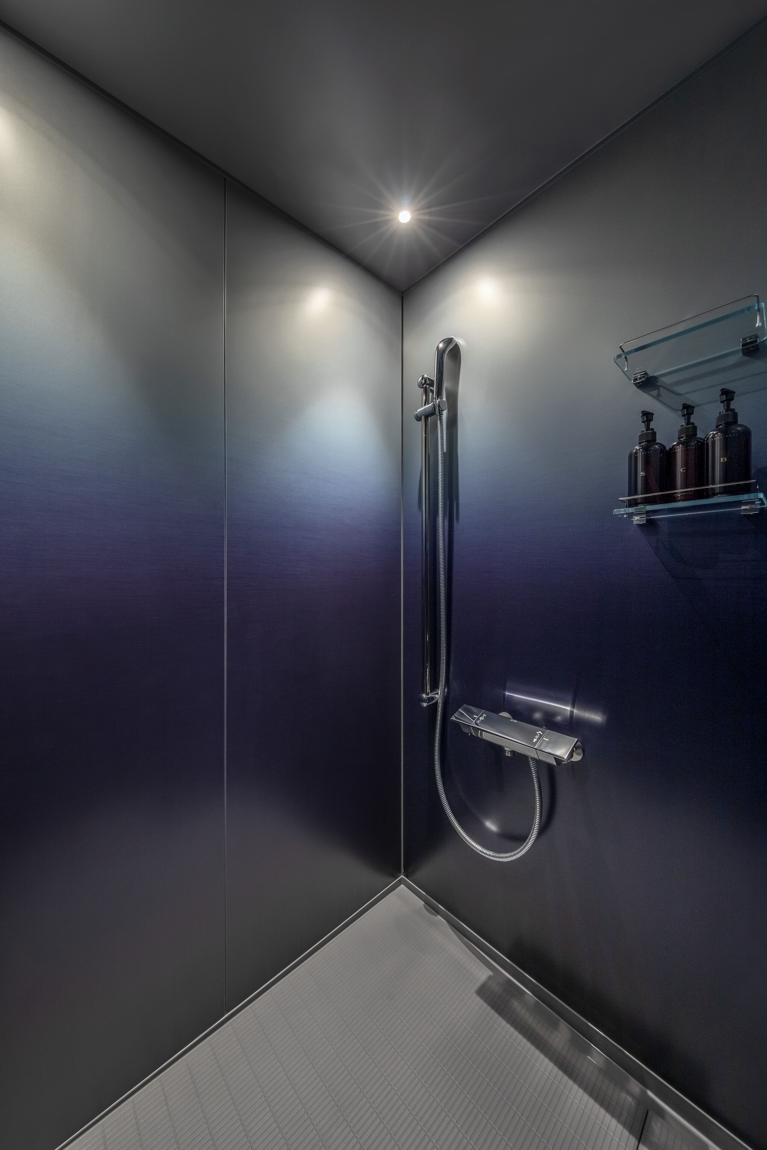 Un baño moderno con cabina de ducha de vidrio, cabezal de ducha manual y estante empotrado con artículos de aseo.