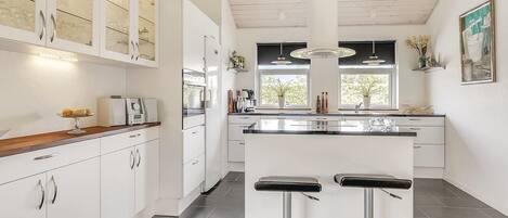 Fridge, stovetop, dishwasher, coffee/tea maker