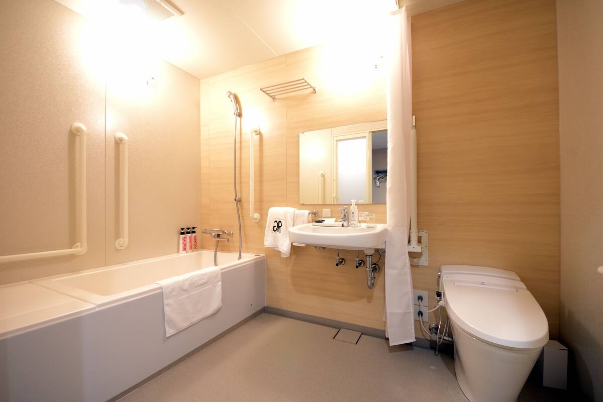 combined shower/bathtub, free toiletries, hair dryer, slippers