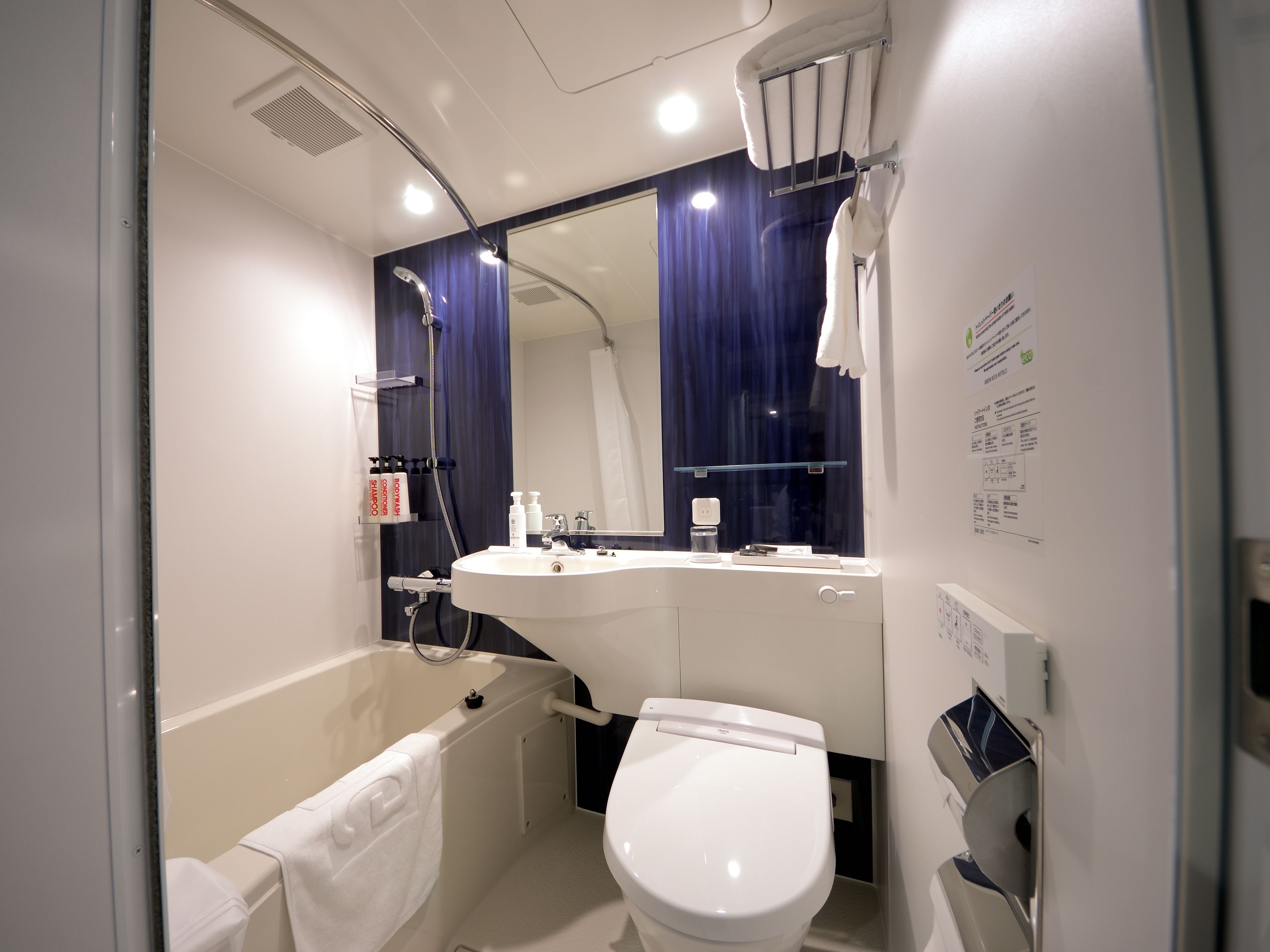 combined shower/bathtub, free toiletries, hair dryer, slippers