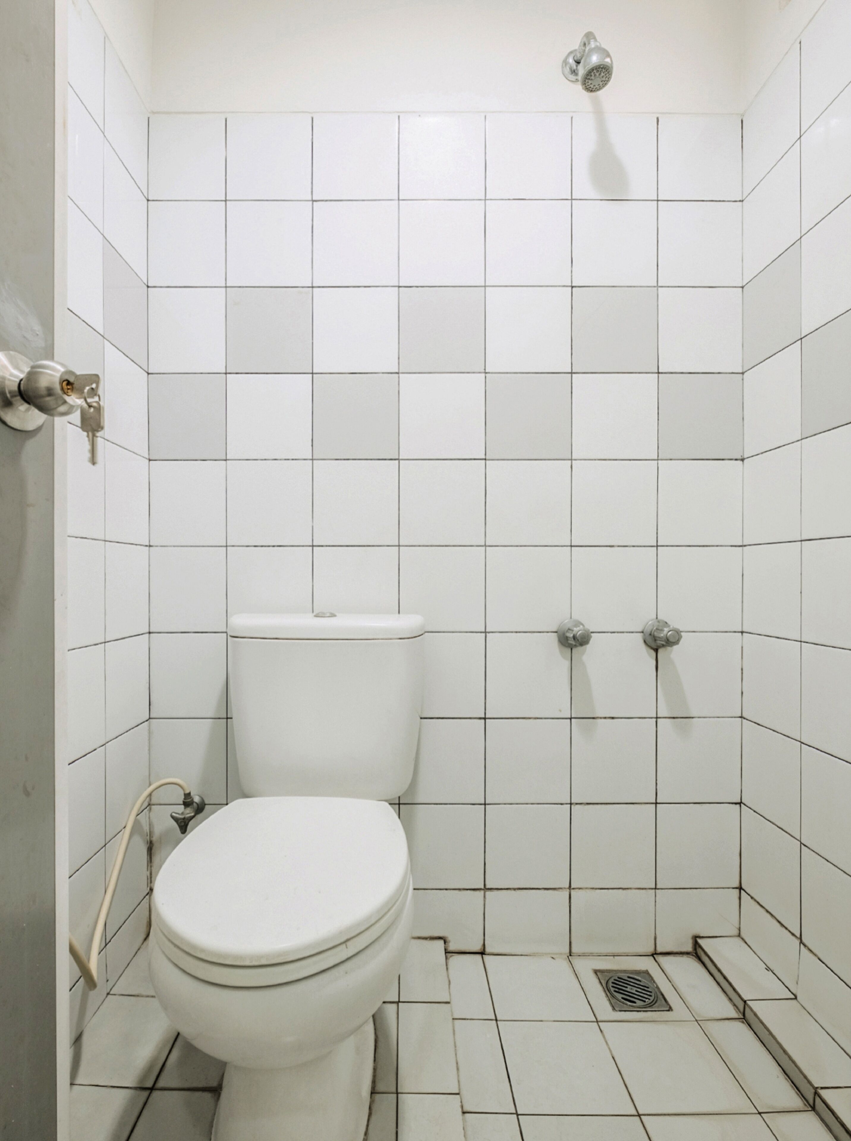 A small, white-tiled bathroom with a toilet, a showerhead, and a toilet paper holder.