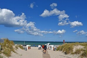 Una playa con un camino de madera que lleva al mar, un cartel que indica 'Terrilstrand', y un letrero rojo y blanco a lo lejos.