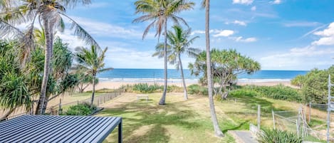 A coastal property with a grassy lawn, palm trees, a metal fence, and a view of the beach and ocean.