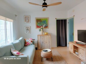 TV connectée, cheminée, livres, médiathèque