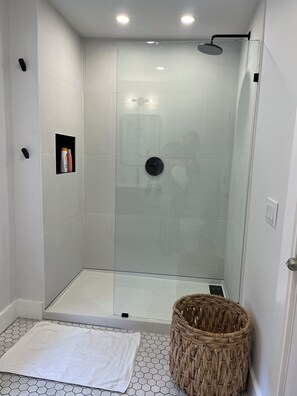 Combined shower/tub, hair dryer, towels