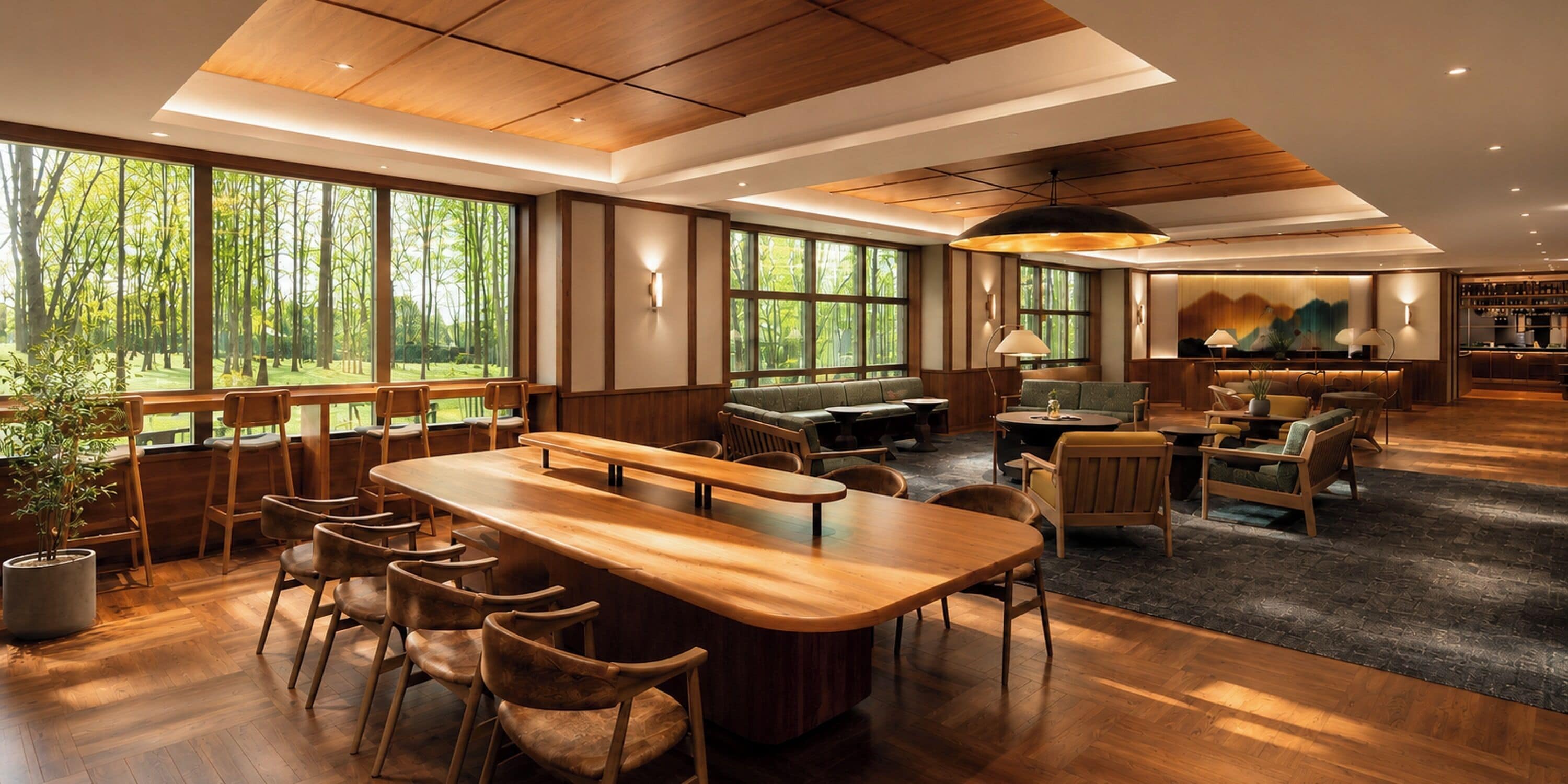 A spacious room with a long wooden table and chairs, large windows with a view of greenery, and a seating area with sofas and lamps.