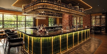 Zona de bar con una barra curva, varias estanterías llenas de botellas y vistas a la vegetación exterior.