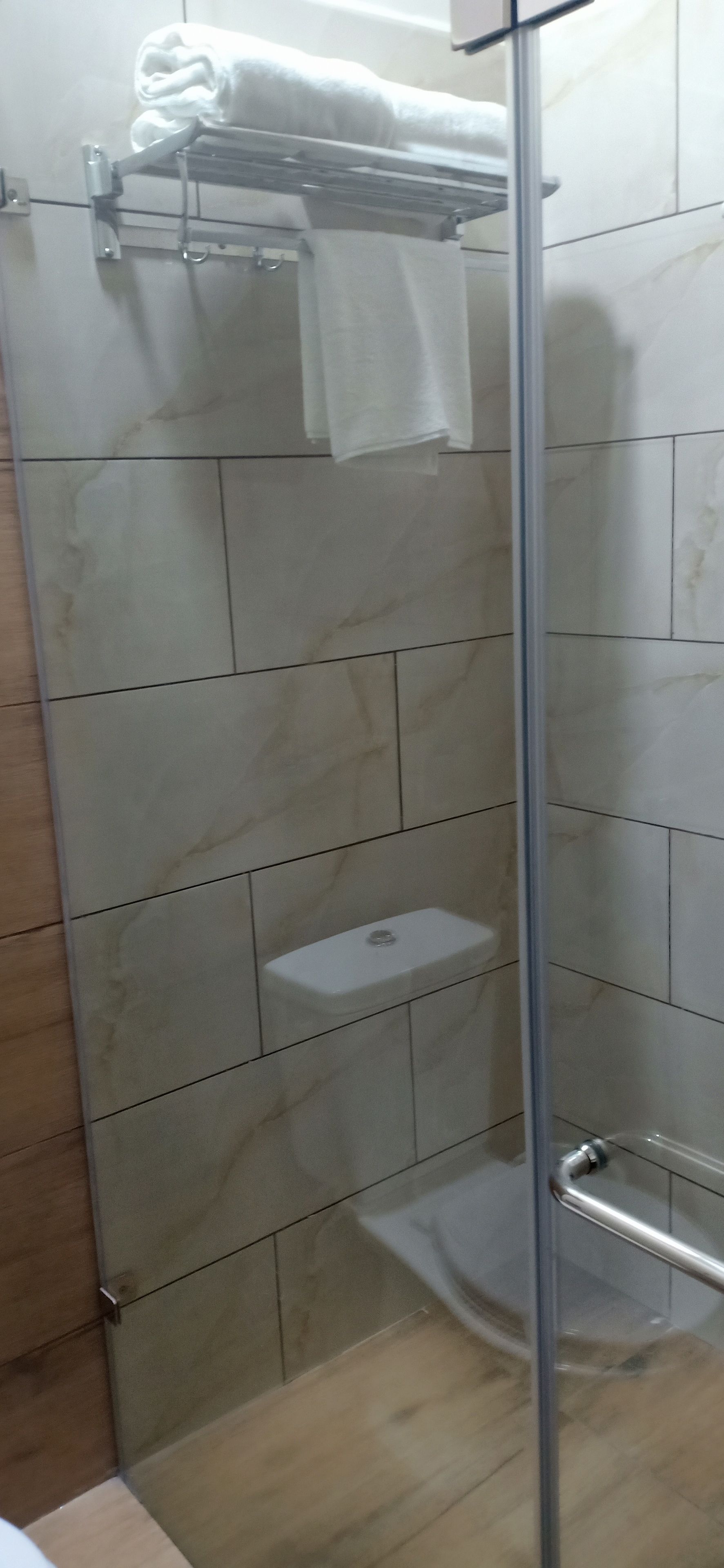 Une cabine de douche fermée par des parois en verre, avec une serviette blanche posée sur un porte-serviettes, des toilettes et un plancher en bois.