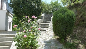 Una escalera de piedra que asciende por una colina, rodeada de exuberante vegetación y rosas rosadas.