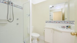 A bathroom with a shower, toilet, sink, and a mirror.