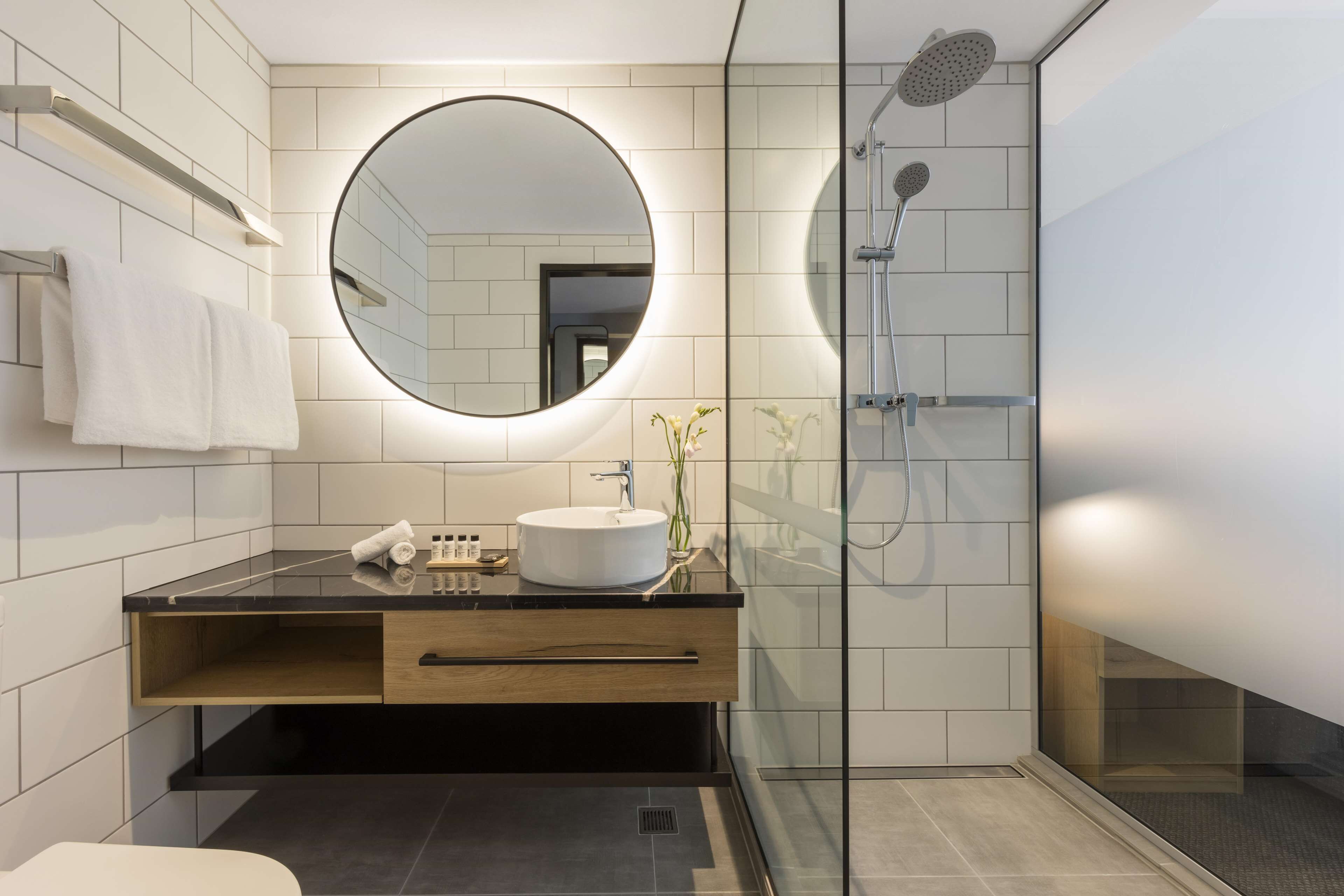 shower, free toiletries, hair dryer, towels