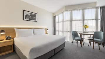In-room safe, desk, laptop workspace, blackout curtains