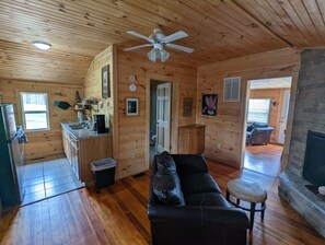 Smart TV, fireplace, streaming services, video library - Ridgetop cabin featuring spa, sun room, fireplace and deck with panoramic views. (Laurelville)
