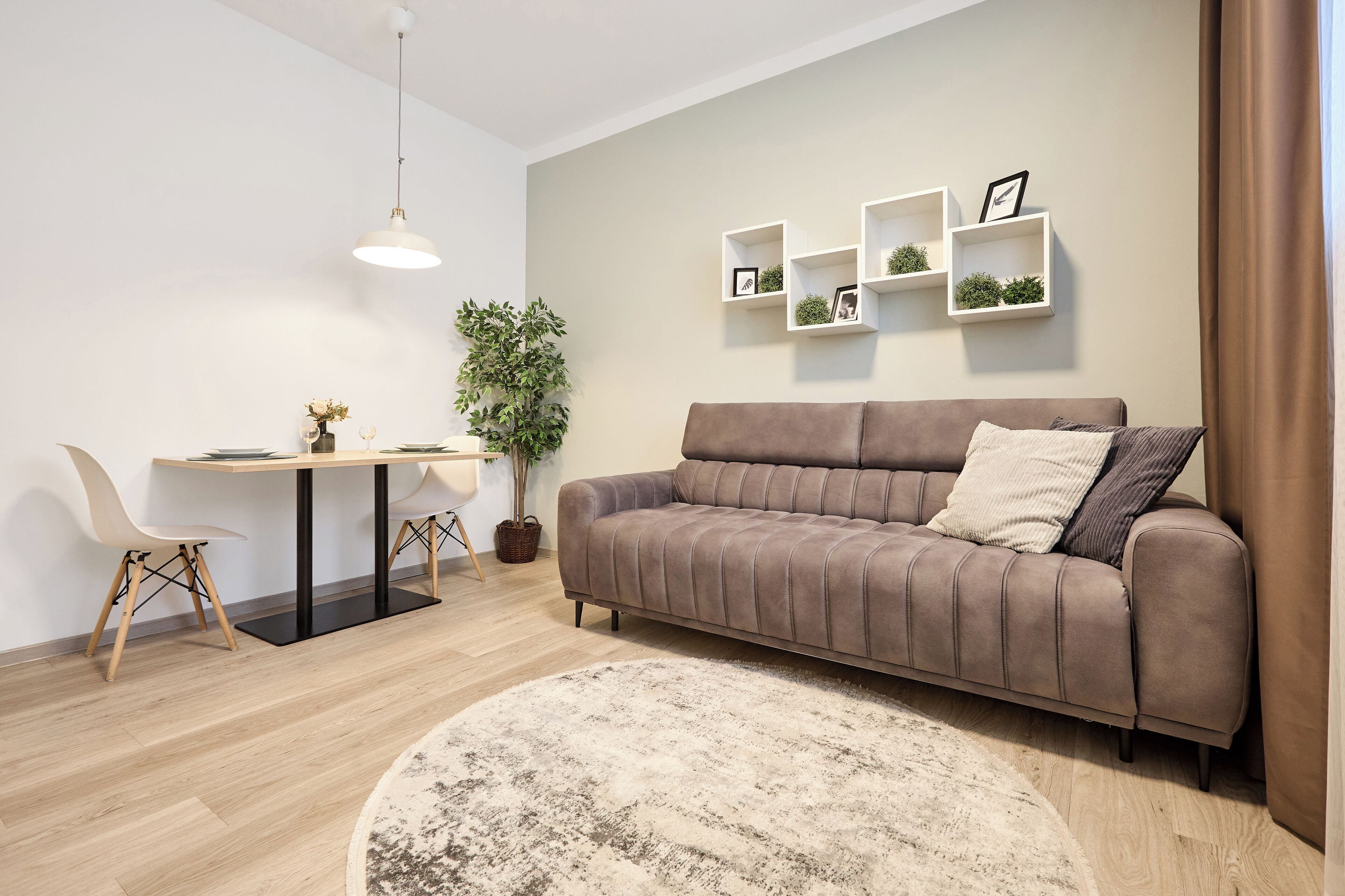 Ein modernes Wohnzimmer mit einem braunen Sofa, einem runden Teppich, einem Esstisch mit Stühlen, einem Blumentopf und an Wänden befestigten Regalen mit Bildern.