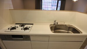 A compact kitchen with a stove, sink, and dishwasher. - The Neighbors (Osaka)