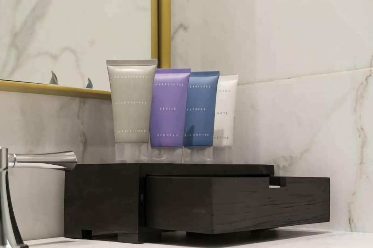 Bathrobes, slippers, towels, soap